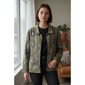 4277) Indigo Moon Green Purple Artsy Lagenlook Embellished Button Up Jacket  XL